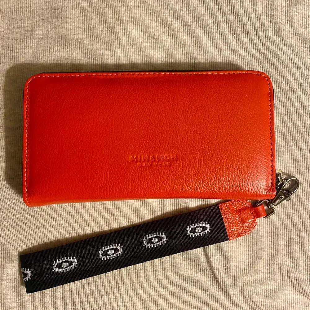 Min & Mon Orange/Red Eye-Embellished Zip Wallet with Wristlet Strap Cross-posted